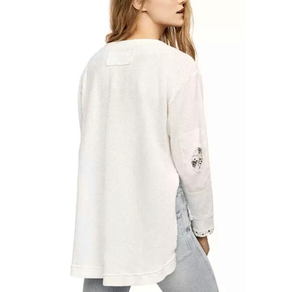 Free People Fall For You Waffle Weave Slouchy Henley Women’s Size XS Ivory NEW - Picture 3 of 11